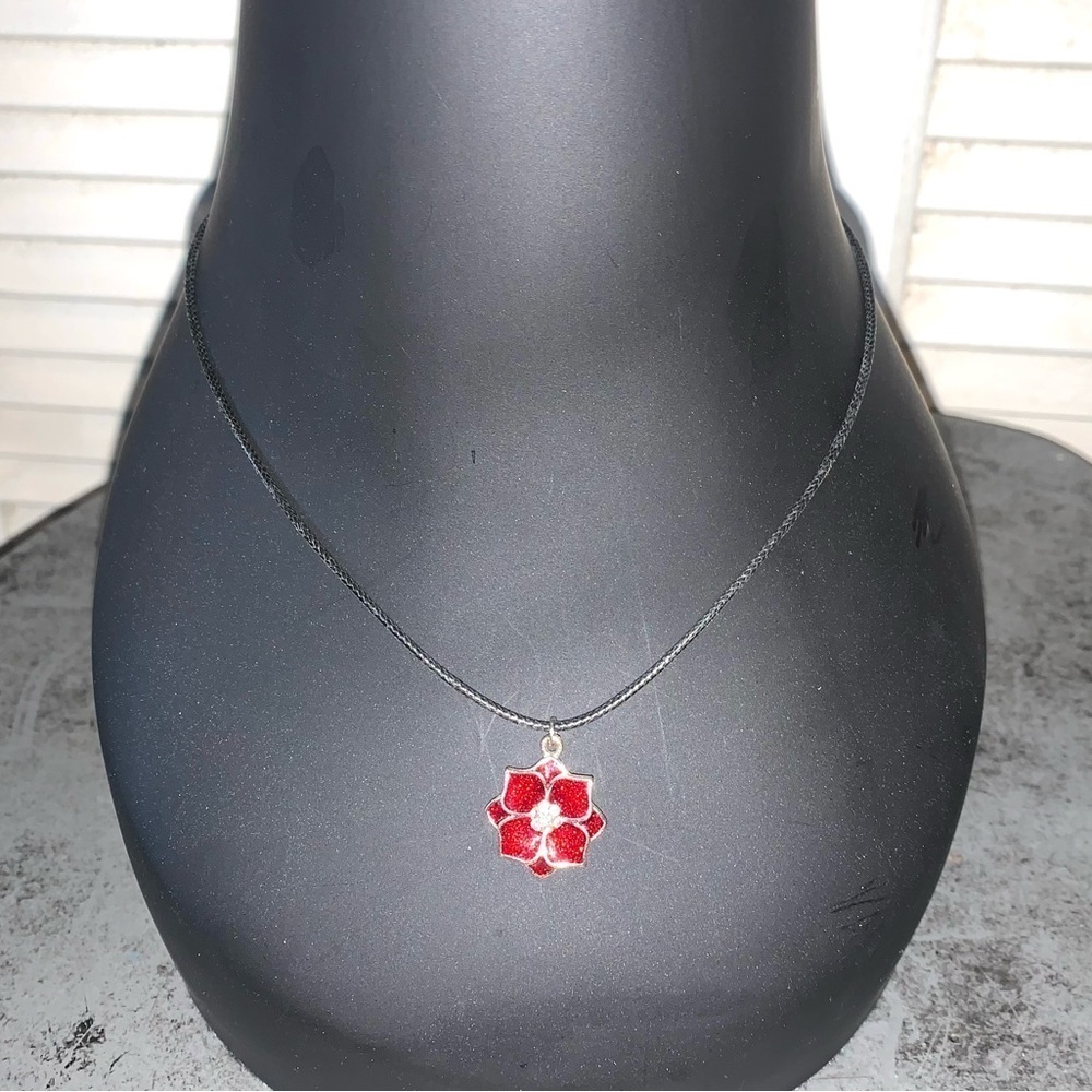 Red and Silver floral 1” Pendant with black chain 17”-19” long
